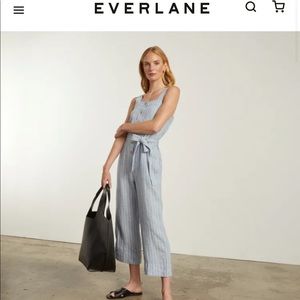 Everlane The Linen Picnic Jumpsuit in Blue Stripe Size 00 NWT